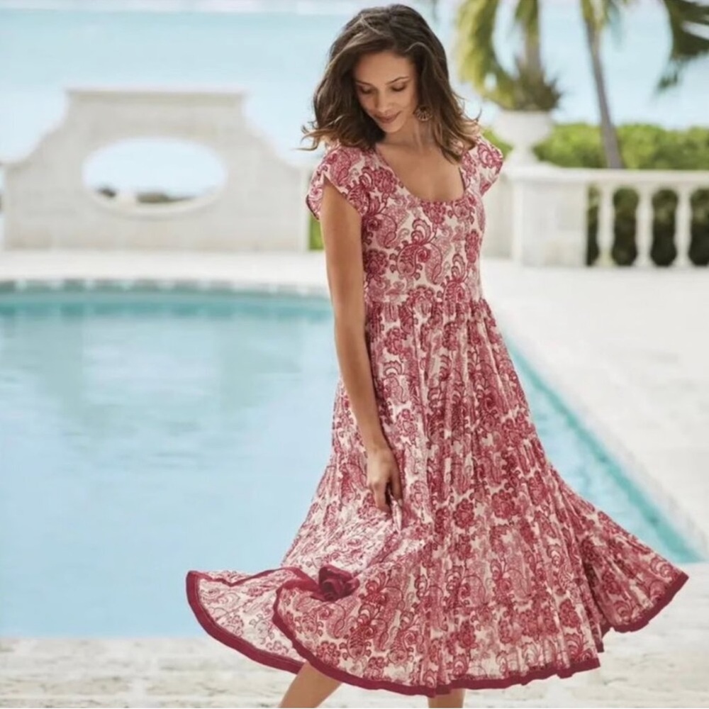 Soft Surroundings Red Paisley Midi Dress Size Medium